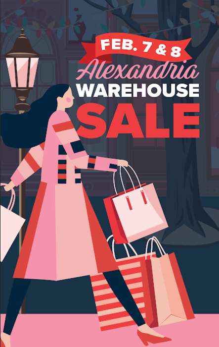 Promotional poster for Alexandria Warehouse Sale with a woman carrying shopping bags on a street.