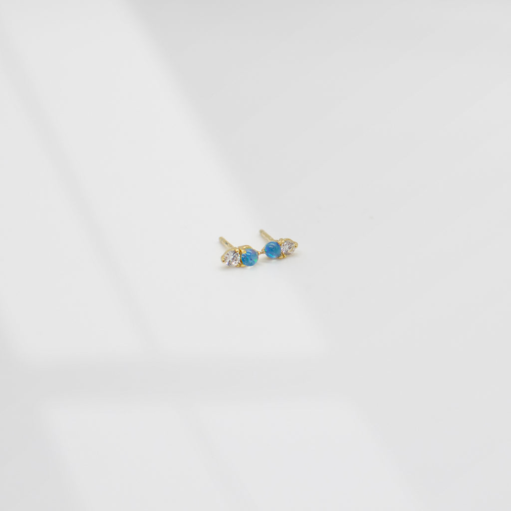 Tiny Double Stone Stud Earrings | Opal Earrings P&K Gold/Blue  