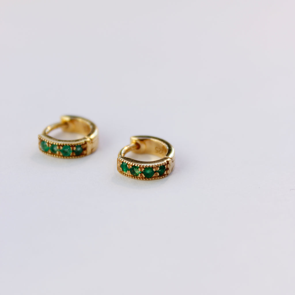 Pave Mini Huggies | 8mm Emerald Earrings Leah Alexandra   
