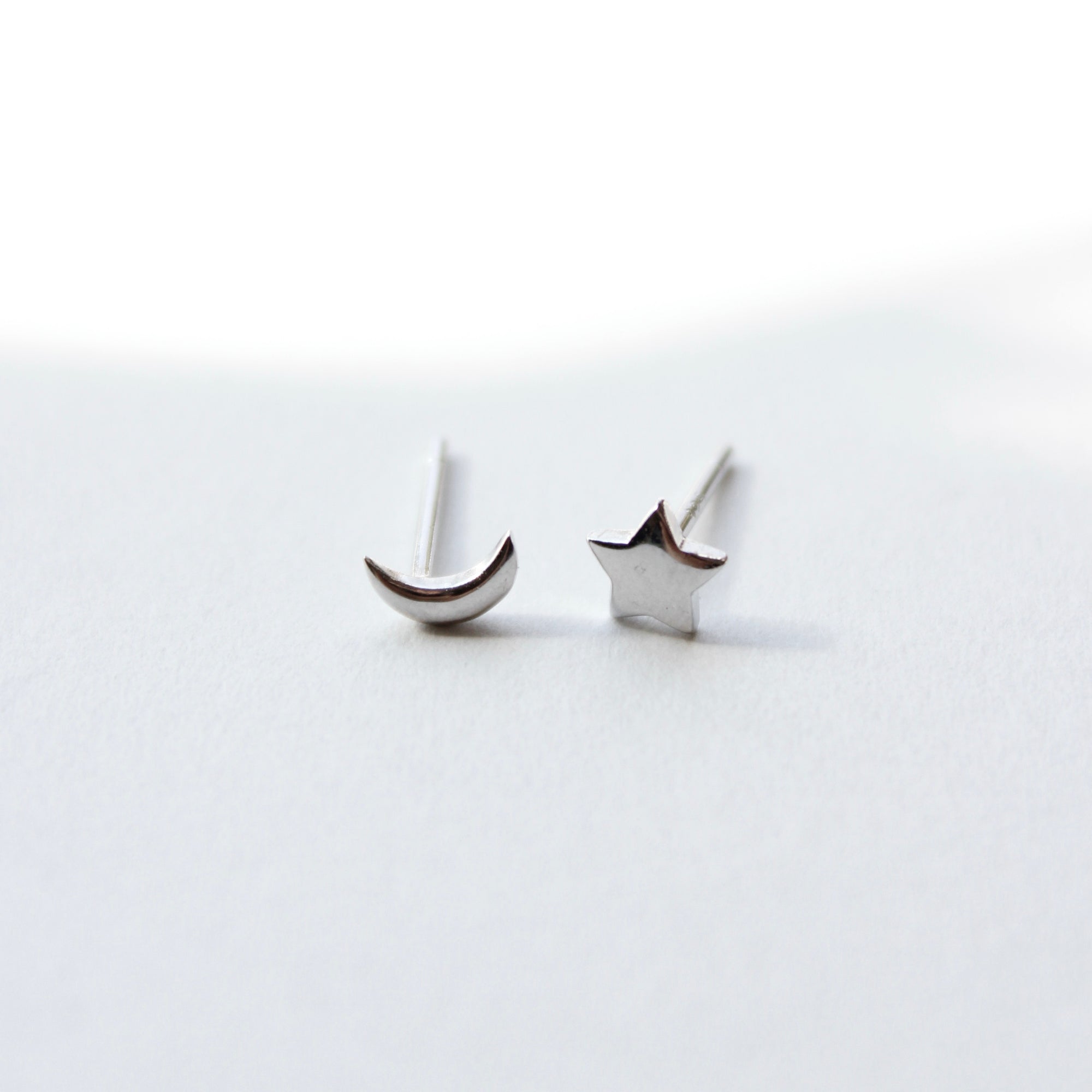 Tiny Moon and Star Stud Earrings Earrings P&K Silver  