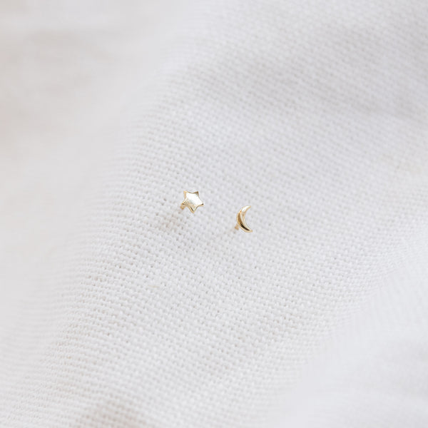 Tiny Moon and Star Stud Earrings Earrings P&K Yellow Gold  
