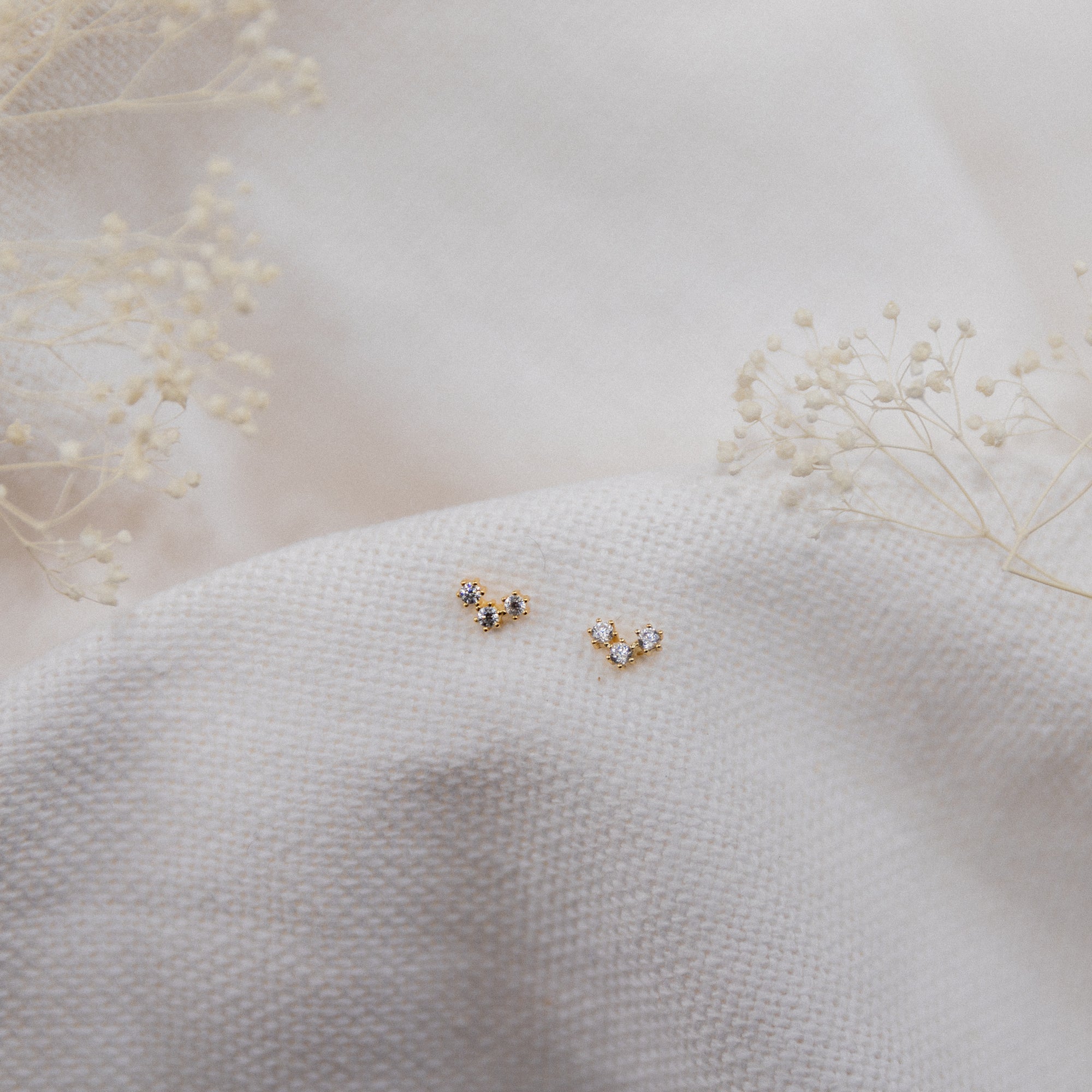 Three Stone Prong Studs Earrings P&K Gold/White CZ  