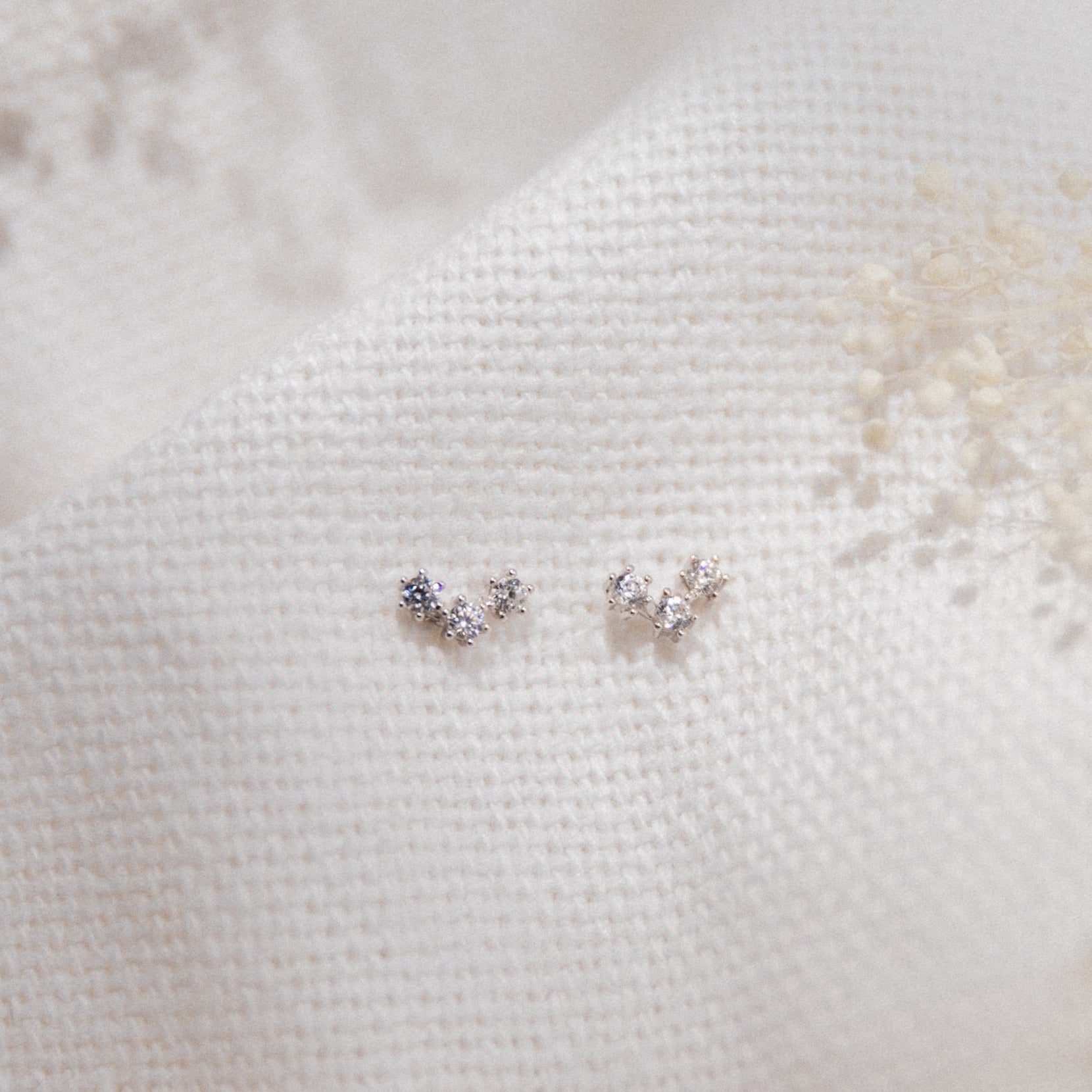 Three Stone Prong Studs Earrings P&K Silver/White CZ  