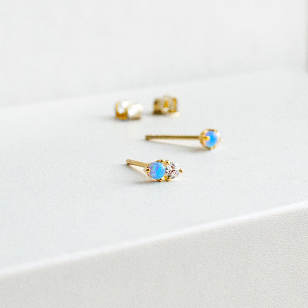 Tiny Double Stone Stud Earrings | Opal Earrings P&K   